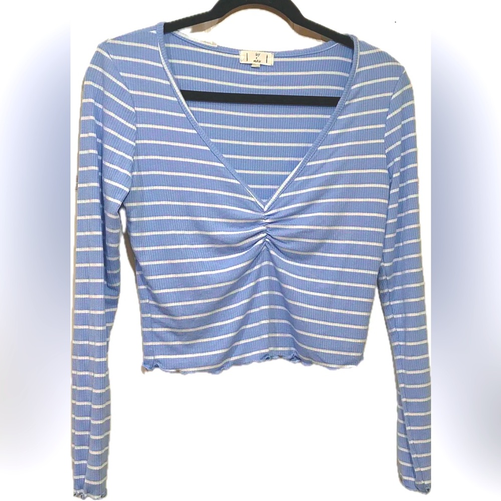 Ruched Long Sleeve Crop Top, Blue White Striped Cropped Top